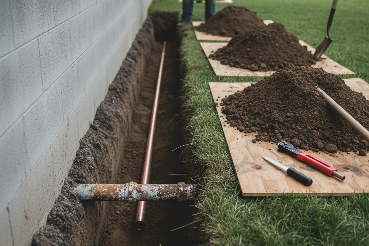 Excavated water line trench during Sewer Line Repair in Westford